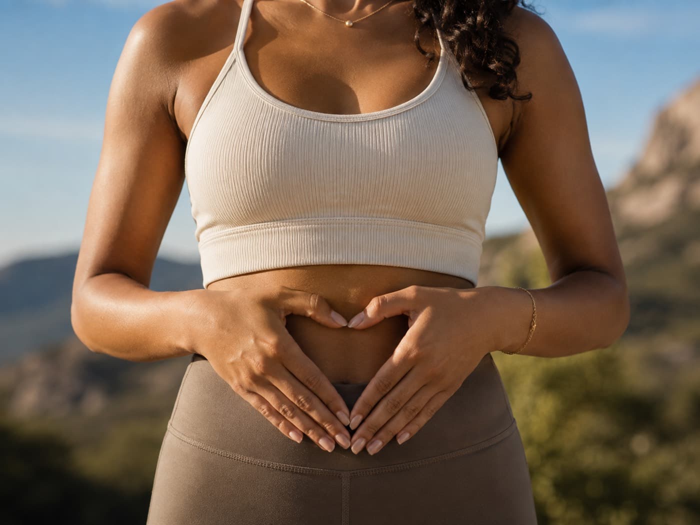 A woman outdoors resting both hands on her stomach
